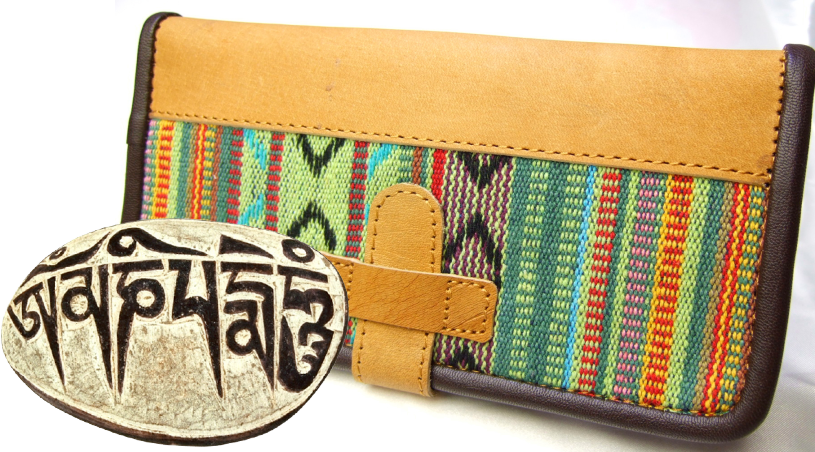 ネパール製ゲリコットンＸレザー二つ折り財布　革製財布　男女兼用財布　エスニック財布